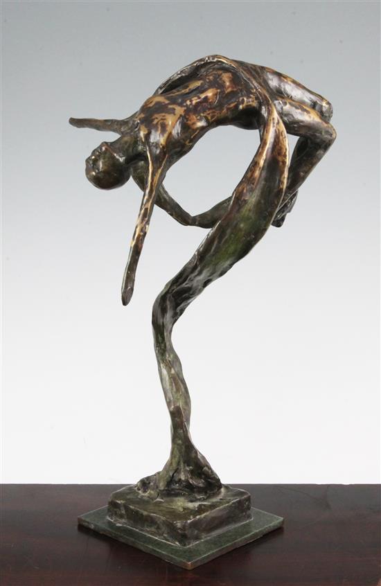 A 20th century patinated bronze model of a ribbon dancer, 15in.